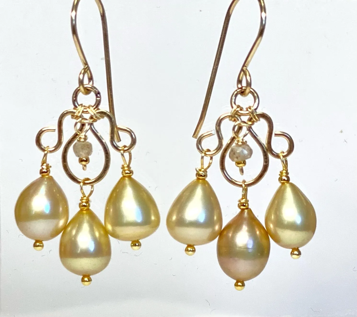 Champagne Pearl Chandelier Earrings, Gold Fill