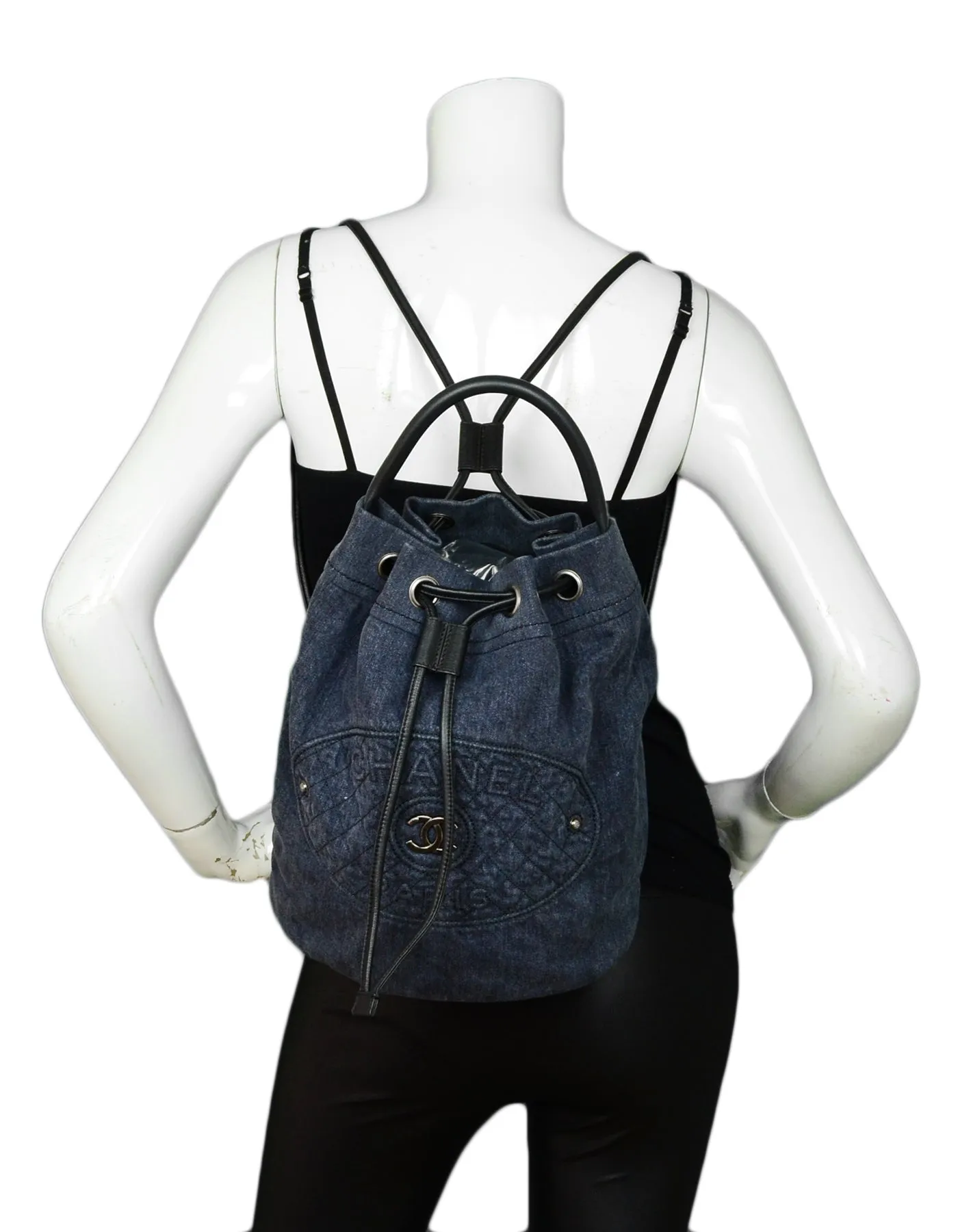 Chanel Blue Denim 2017 Drawstring Convertible Backpack Bucket Bag