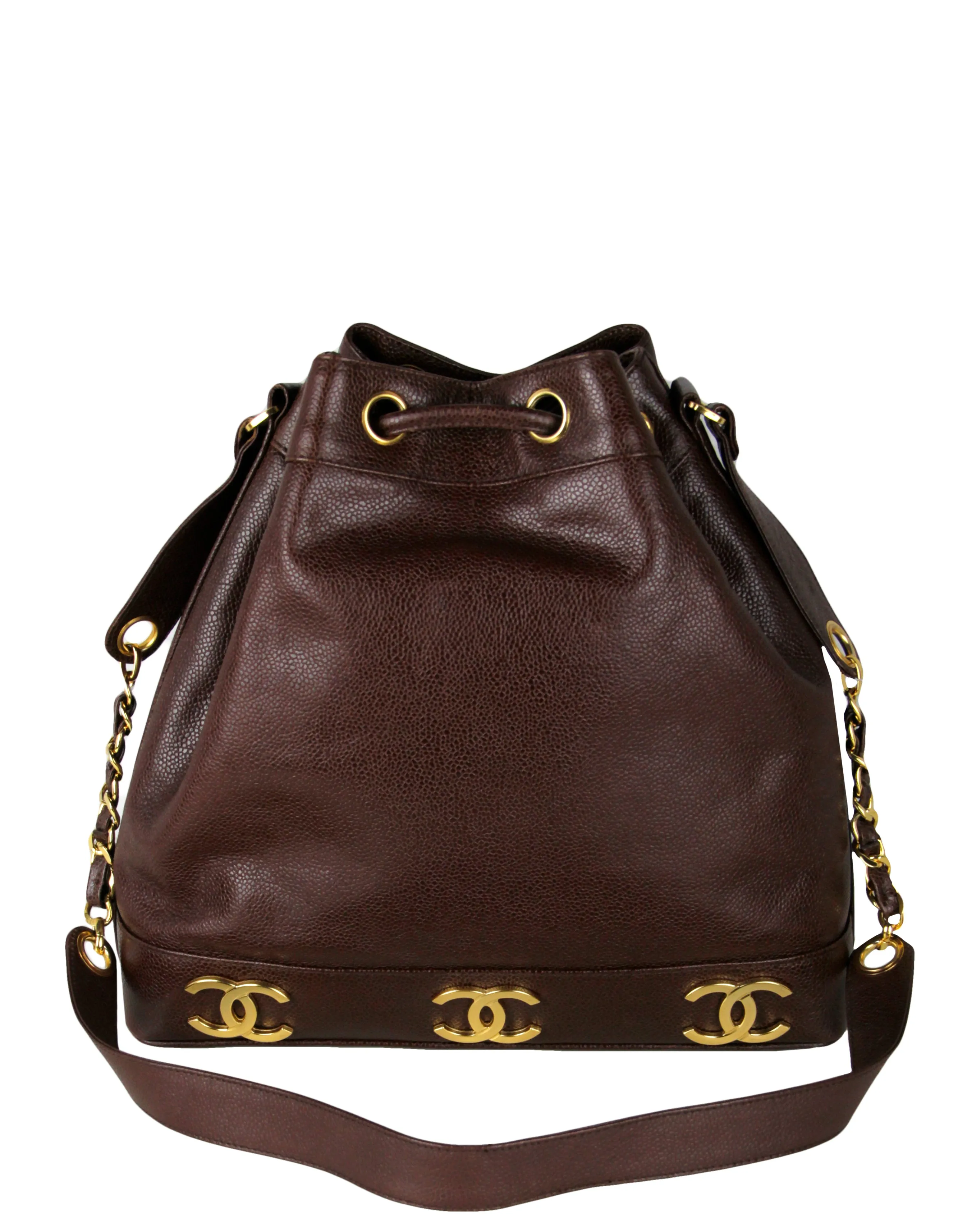 Chanel Brown Vintage Logo Caviar Leather Bucket Bag