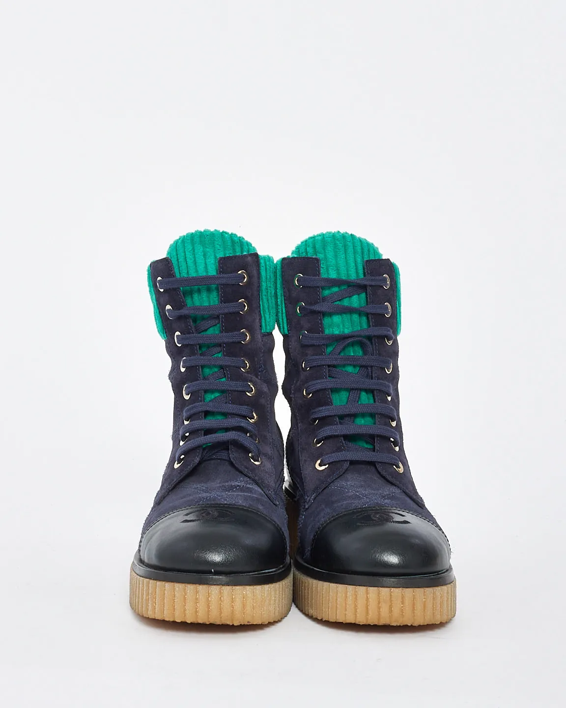 Chanel Navy/Turquoise Suede & Corduroy Combat Boots - 38