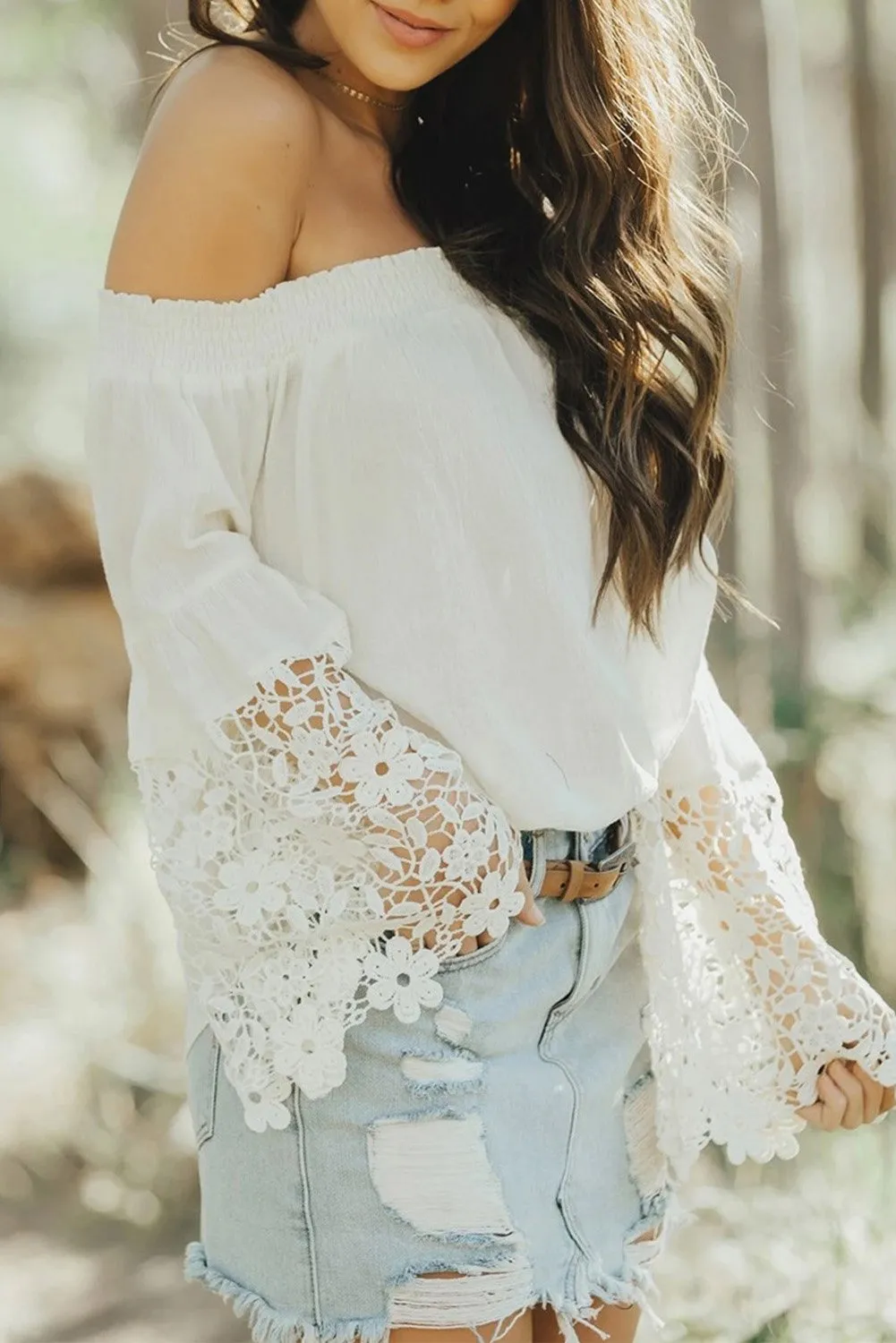 Chic White Off Shoulder Long Sleeve Crochet Hem Blouse Top