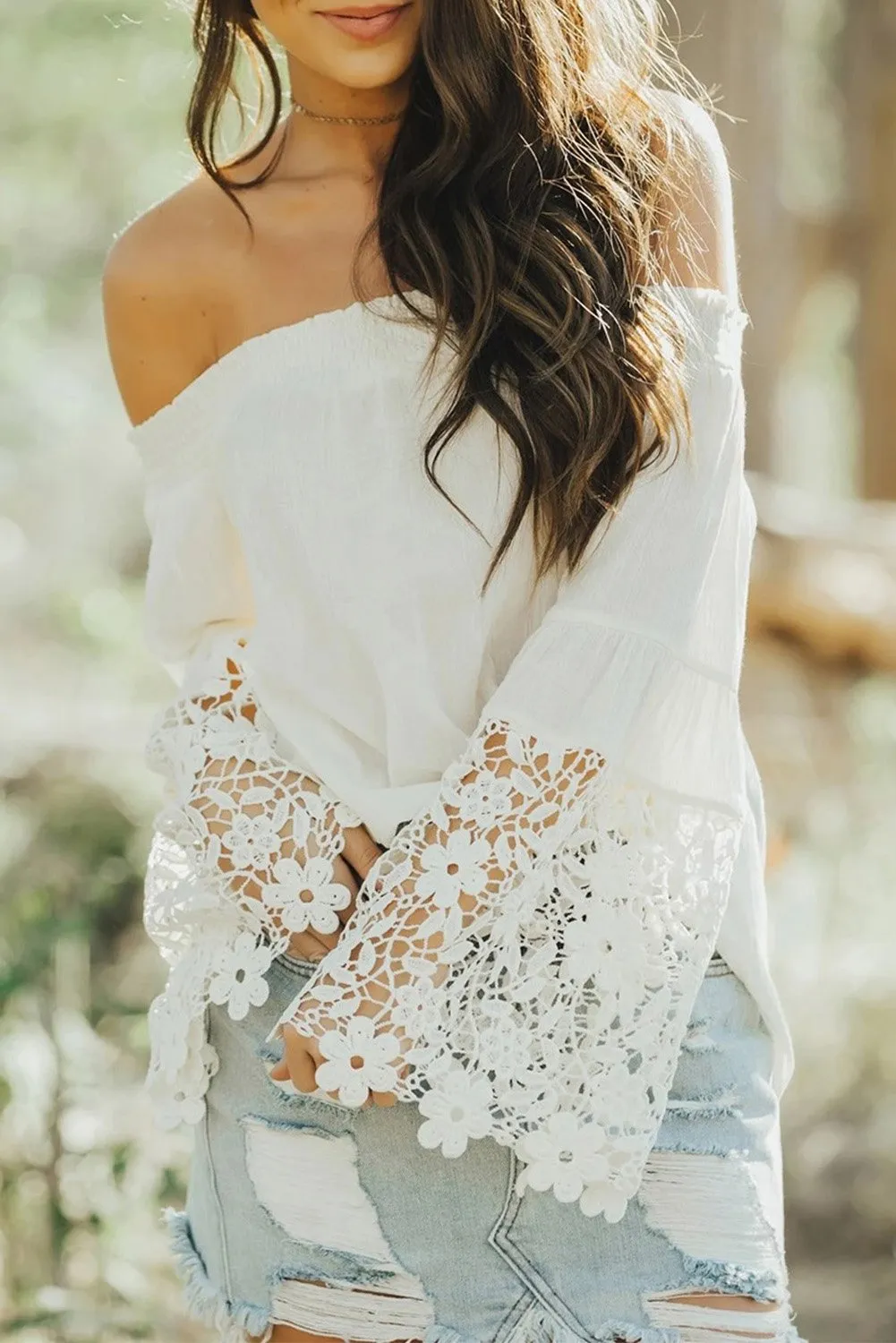 Chic White Off Shoulder Long Sleeve Crochet Hem Blouse Top