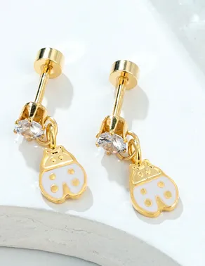 Children's Earrings:  Sweetheart Collection:  Hypoallergenic Steel with 14k Gold IP, Pink Ladybug Dangle Earrings with Screw Backs with Gift Box