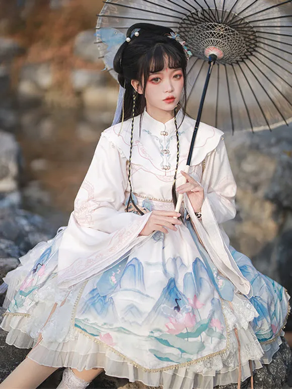 Chinese Style Lolita Dress Bows Long Sleeves Polyester Chinese Style Floral Print Light Sky Blue Chinese Style Lolita