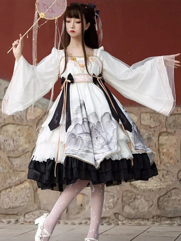 Chinese Style Lolita Dress Bows Long Sleeves Polyester Chinese Style Floral Print Light Sky Blue Chinese Style Lolita