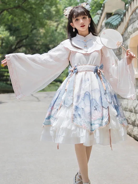 Chinese Style Lolita Dress Bows Long Sleeves Polyester Chinese Style Floral Print Light Sky Blue Chinese Style Lolita