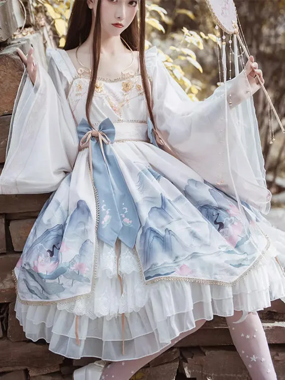 Chinese Style Lolita Dress Bows Long Sleeves Polyester Chinese Style Floral Print Light Sky Blue Chinese Style Lolita