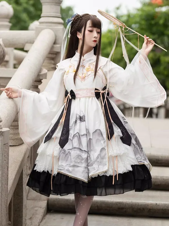 Chinese Style Lolita Dress Bows Long Sleeves Polyester Chinese Style Floral Print Light Sky Blue Chinese Style Lolita