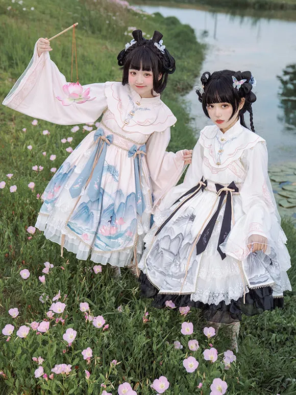 Chinese Style Lolita Dress Bows Long Sleeves Polyester Chinese Style Floral Print Light Sky Blue Chinese Style Lolita