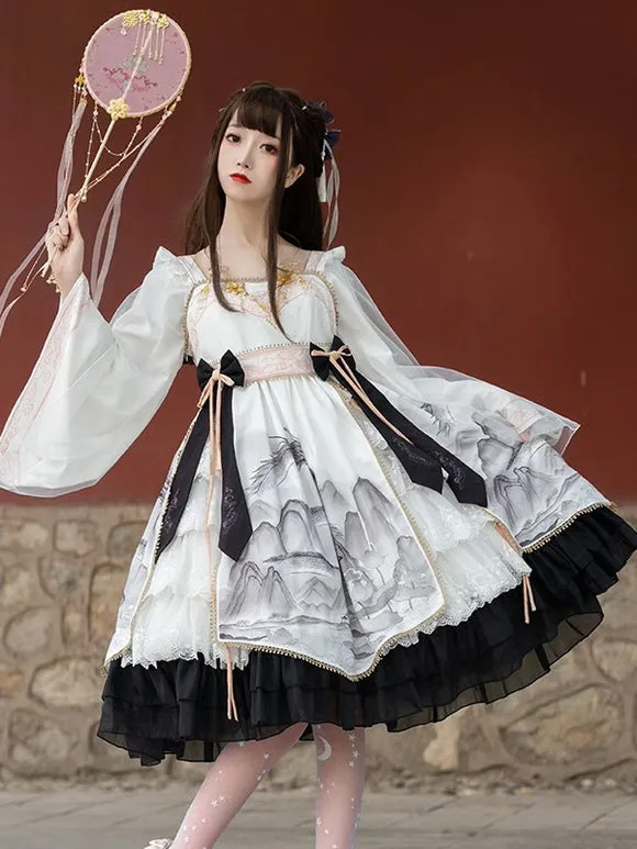 Chinese Style Lolita Dress Bows Long Sleeves Polyester Chinese Style Floral Print Light Sky Blue Chinese Style Lolita