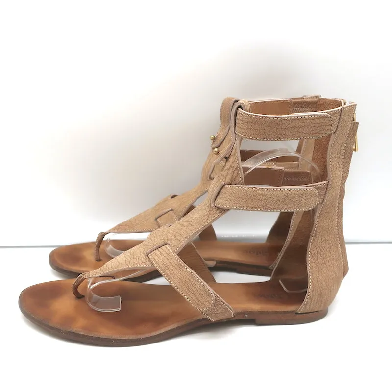 Chloe Gladiator Sandals Beige Grained Leather Size 40 Flat T-Strap Thong