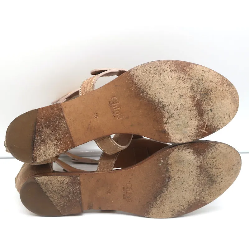 Chloe Gladiator Sandals Beige Grained Leather Size 40 Flat T-Strap Thong