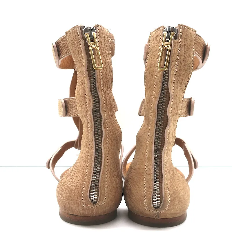 Chloe Gladiator Sandals Beige Grained Leather Size 40 Flat T-Strap Thong