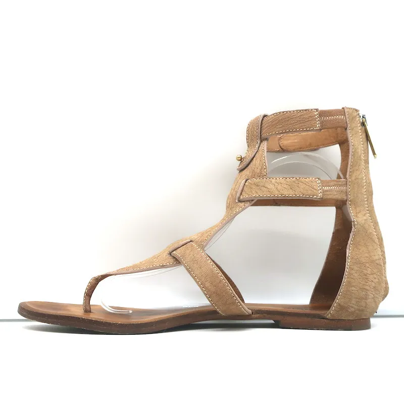 Chloe Gladiator Sandals Beige Grained Leather Size 40 Flat T-Strap Thong