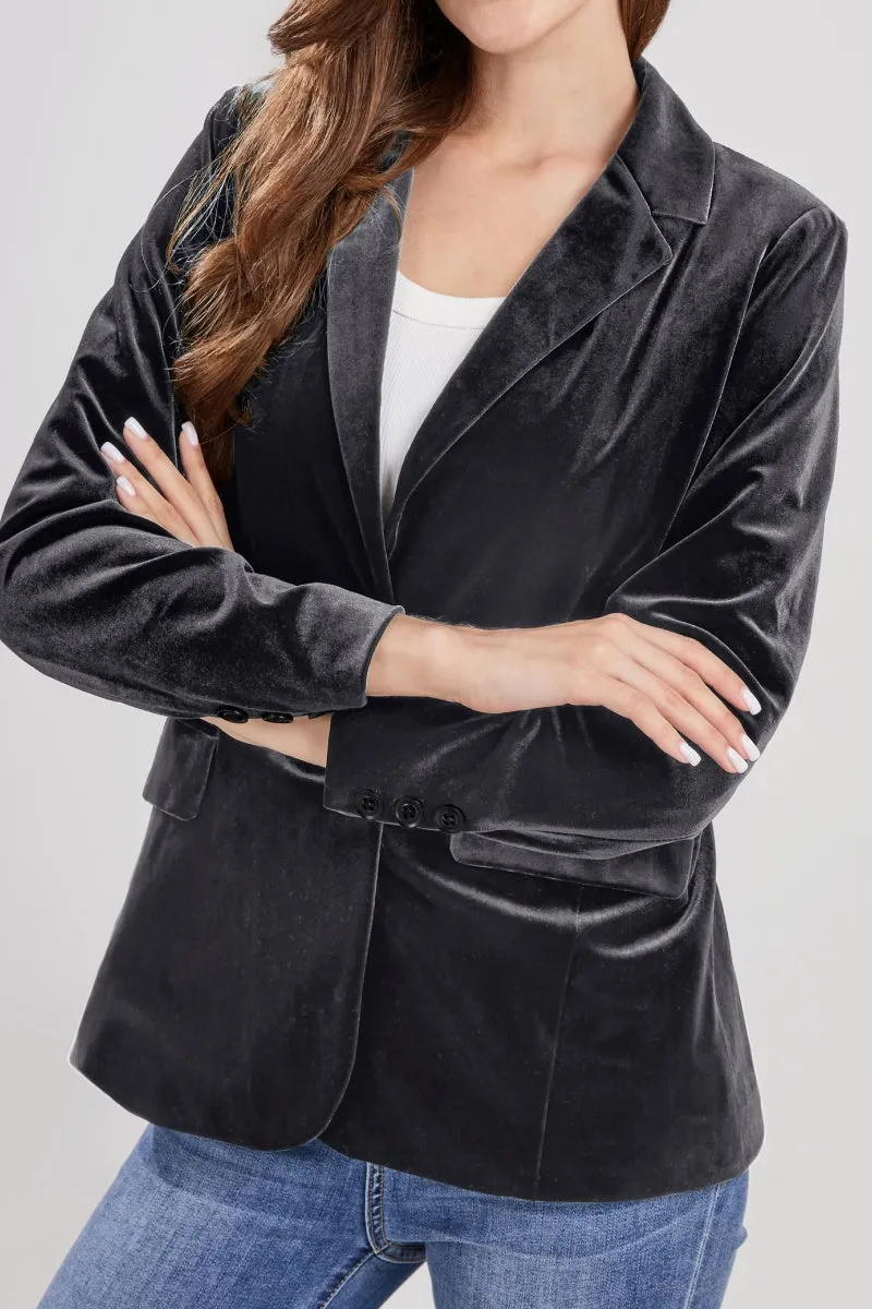 Chouyatou Women 1 Button Fitted Velvet Blazer Jacket Business Suit Jacket Work Office Notched Collar