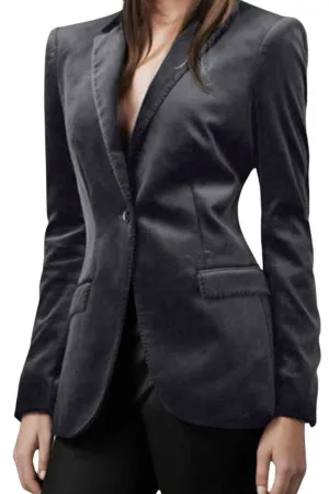 Chouyatou Women 1 Button Fitted Velvet Blazer Jacket Business Suit Jacket Work Office Notched Collar