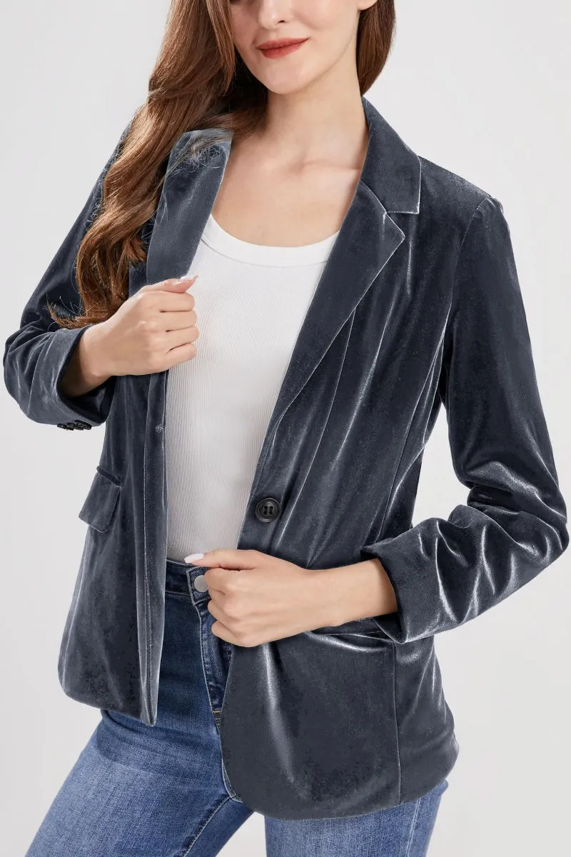 Chouyatou Women 1 Button Fitted Velvet Blazer Jacket Business Suit Jacket Work Office Notched Collar