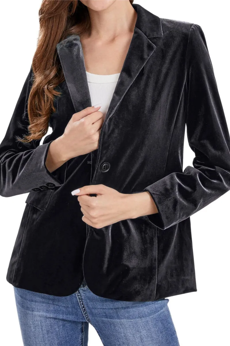 Chouyatou Women 1 Button Fitted Velvet Blazer Jacket Business Suit Jacket Work Office Notched Collar