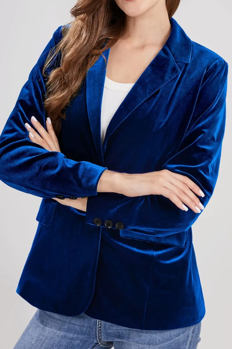 Chouyatou Women 1 Button Fitted Velvet Blazer Jacket Business Suit Jacket Work Office Notched Collar
