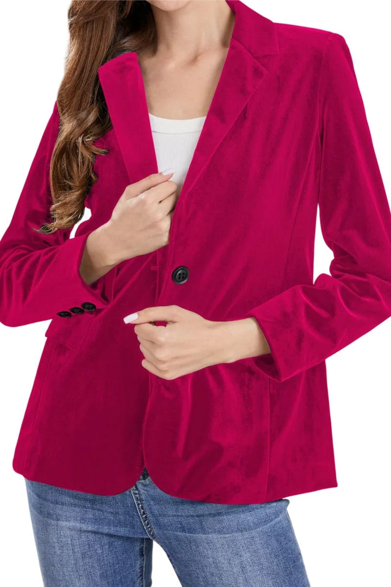 Chouyatou Women 1 Button Fitted Velvet Blazer Jacket Business Suit Jacket Work Office Notched Collar