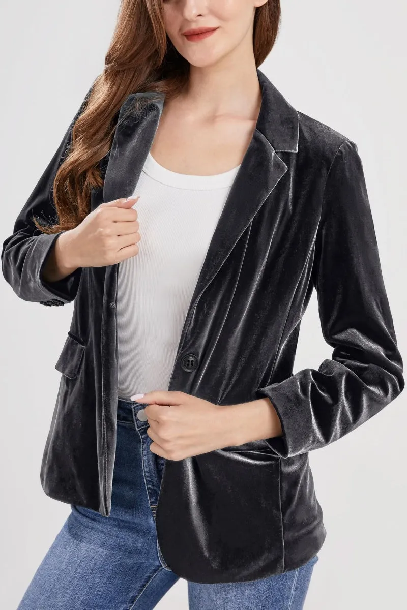Chouyatou Women 1 Button Fitted Velvet Blazer Jacket Business Suit Jacket Work Office Notched Collar