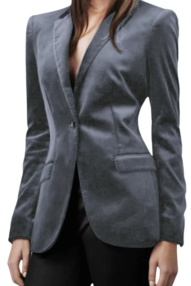 Chouyatou Women 1 Button Fitted Velvet Blazer Jacket Business Suit Jacket Work Office Notched Collar