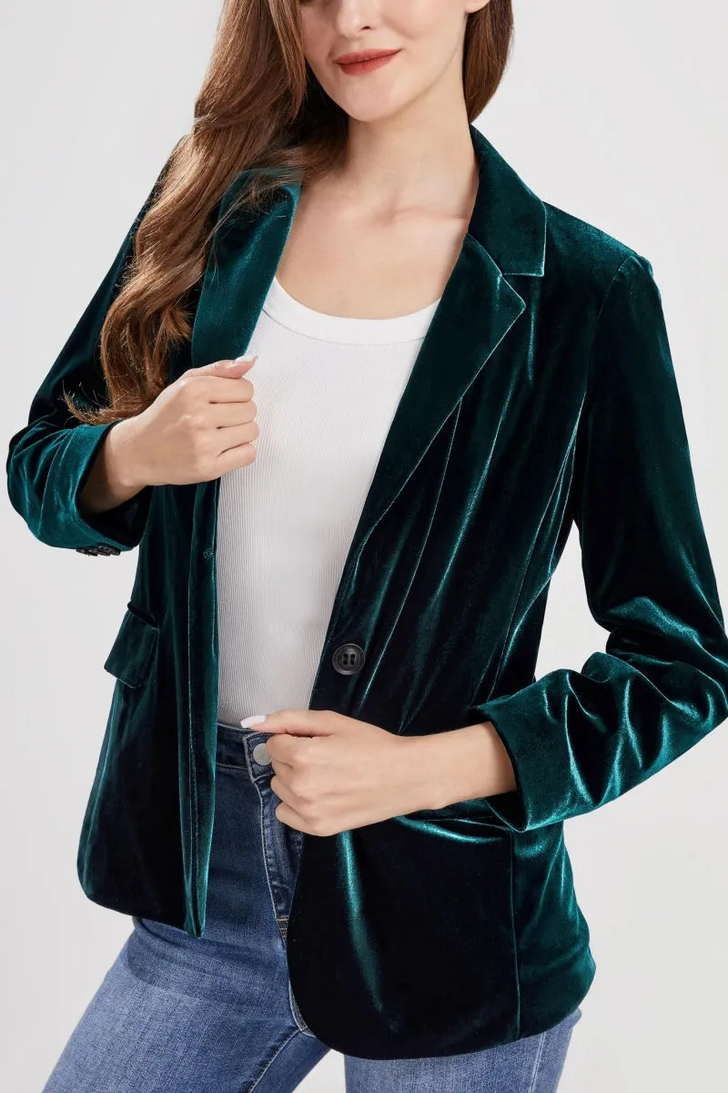 Chouyatou Women 1 Button Fitted Velvet Blazer Jacket Business Suit Jacket Work Office Notched Collar