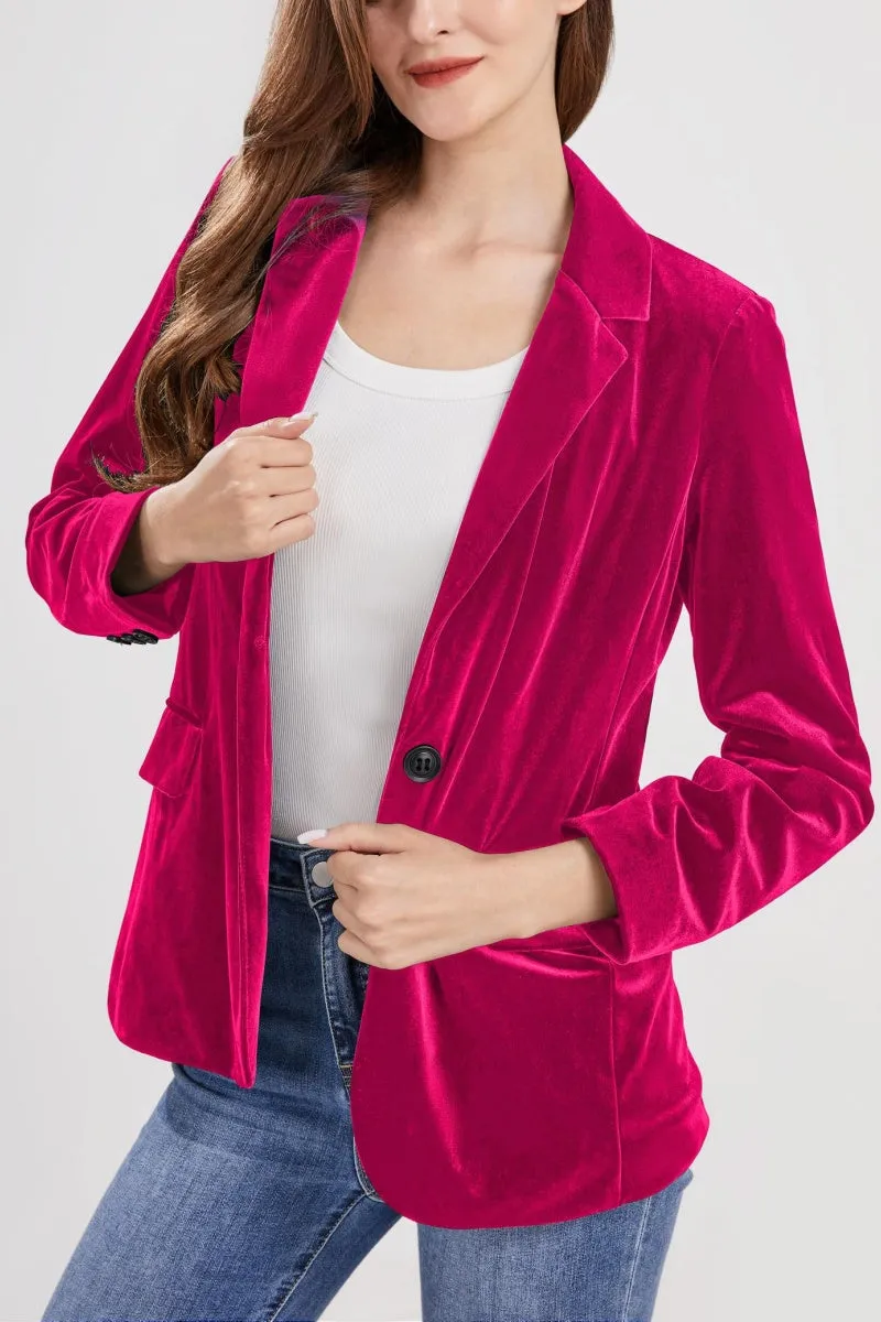 Chouyatou Women 1 Button Fitted Velvet Blazer Jacket Business Suit Jacket Work Office Notched Collar