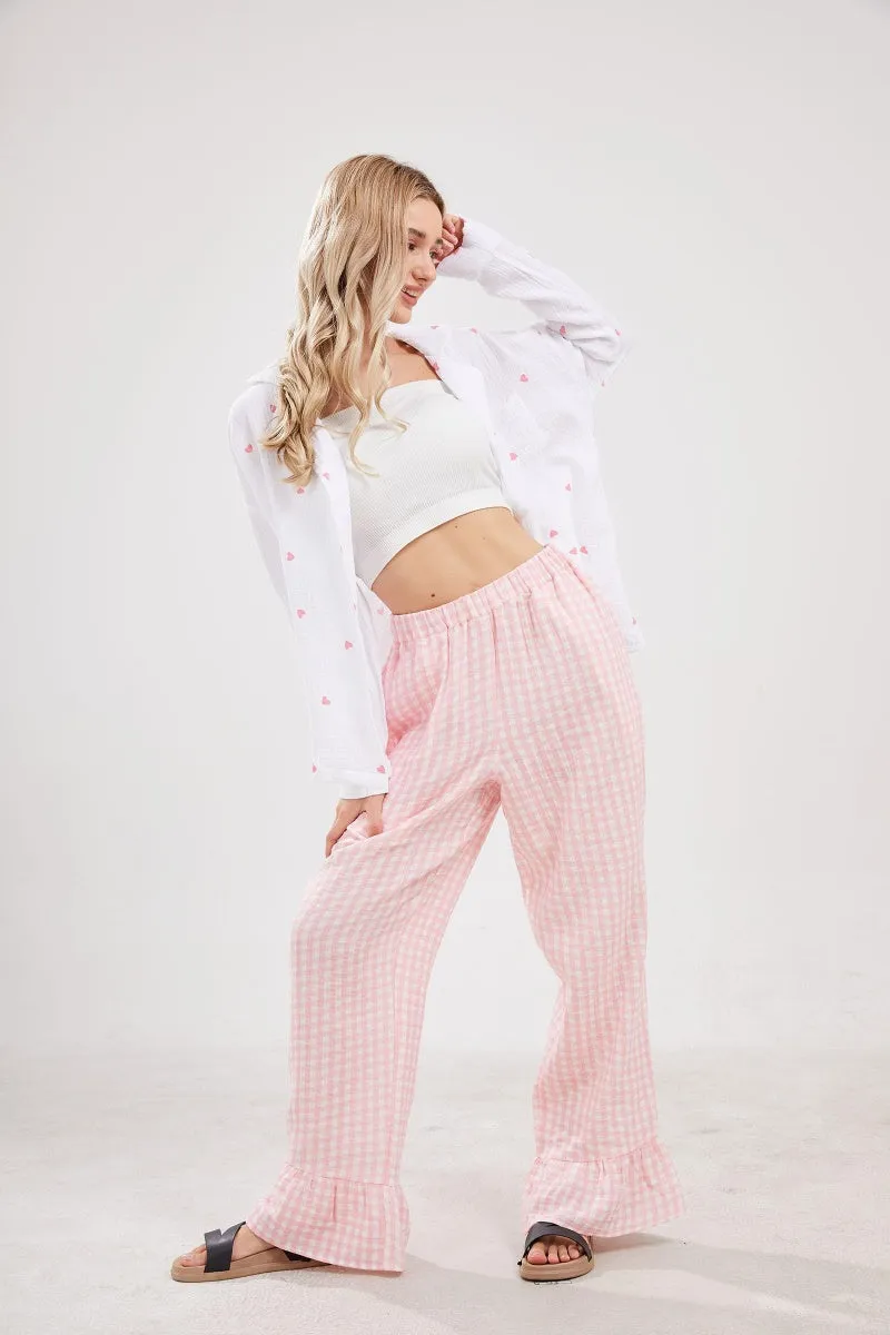 Chouyatou Womens Gingham Pants Wide Leg Lounge Pants Y2k Plaid Print Ruffle Hem Loose Trouser