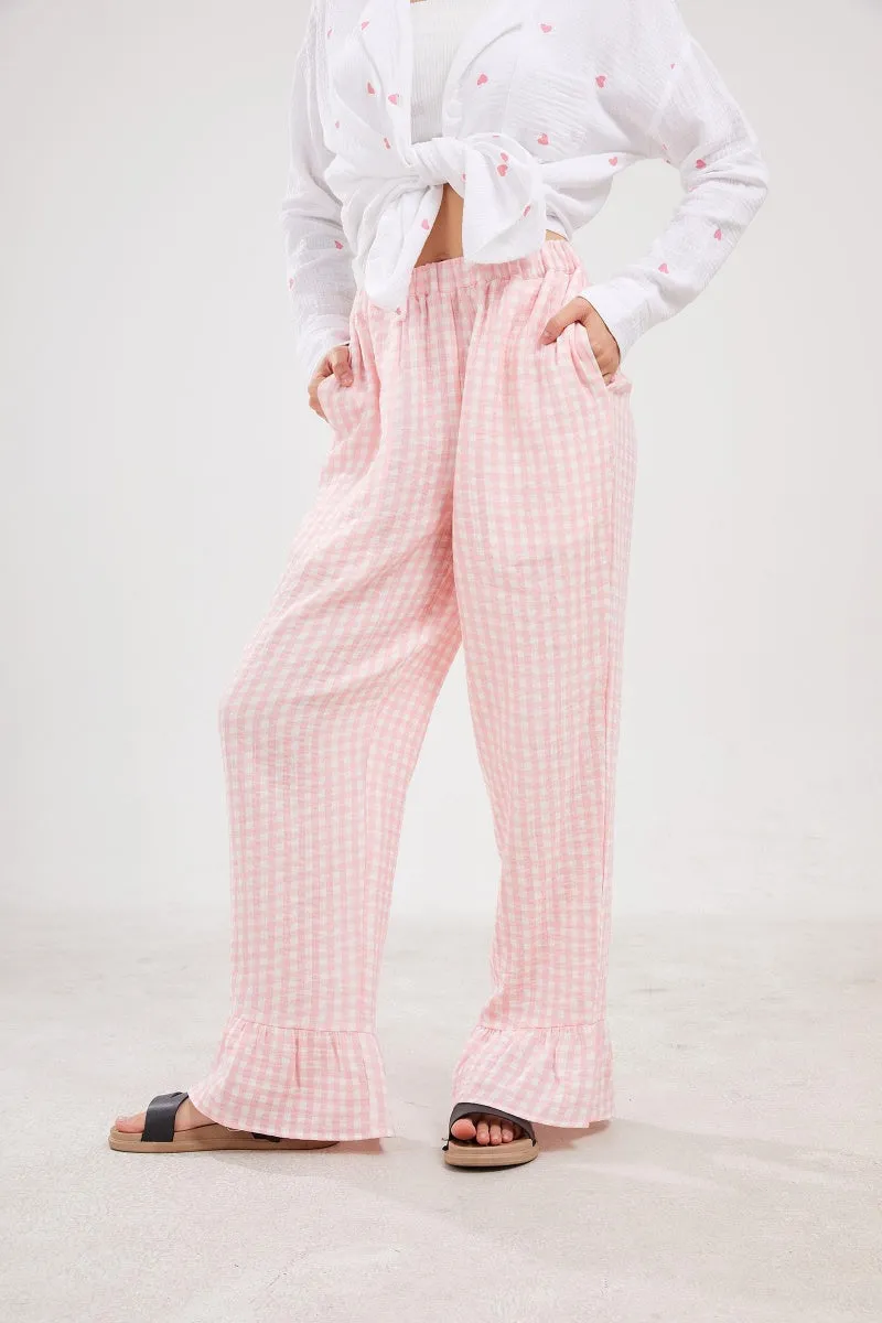 Chouyatou Womens Gingham Pants Wide Leg Lounge Pants Y2k Plaid Print Ruffle Hem Loose Trouser