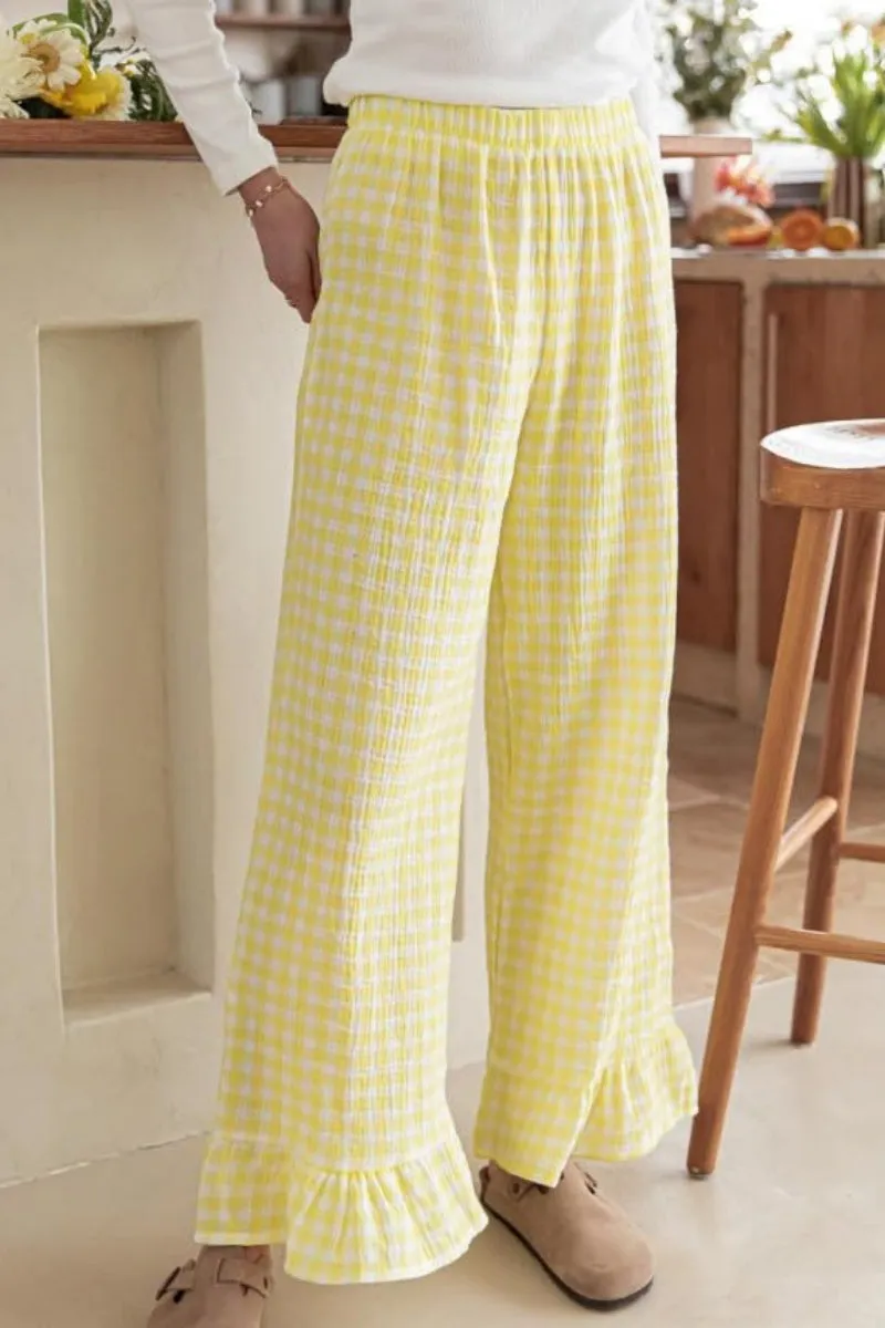 Chouyatou Womens Gingham Pants Wide Leg Lounge Pants Y2k Plaid Print Ruffle Hem Loose Trouser