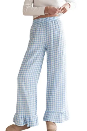 Chouyatou Womens Gingham Pants Wide Leg Lounge Pants Y2k Plaid Print Ruffle Hem Loose Trouser