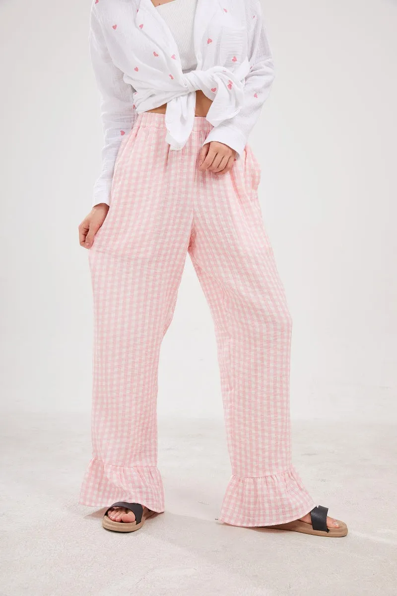 Chouyatou Womens Gingham Pants Wide Leg Lounge Pants Y2k Plaid Print Ruffle Hem Loose Trouser