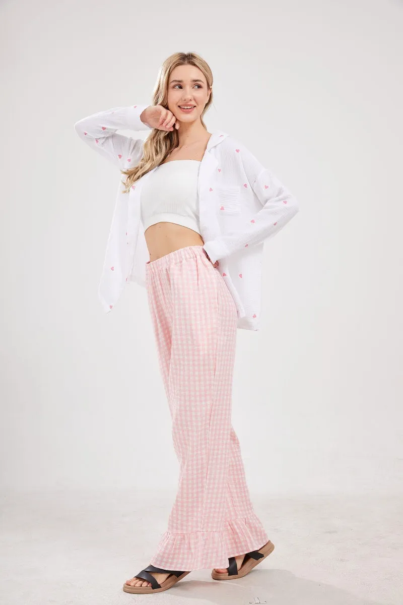 Chouyatou Womens Gingham Pants Wide Leg Lounge Pants Y2k Plaid Print Ruffle Hem Loose Trouser