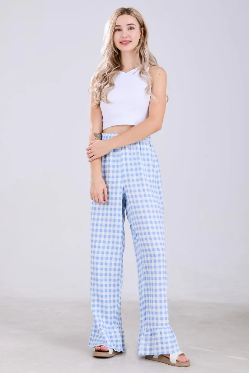 Chouyatou Womens Gingham Pants Wide Leg Lounge Pants Y2k Plaid Print Ruffle Hem Loose Trouser