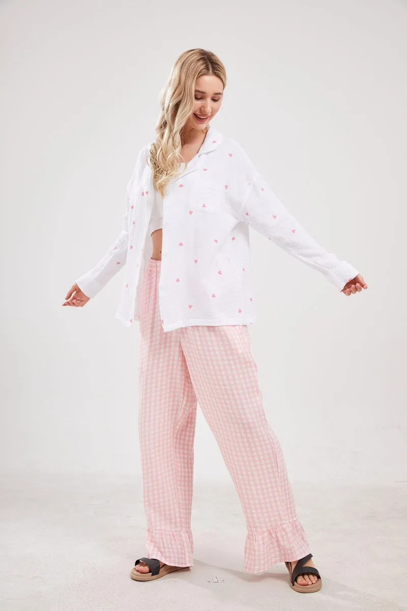 Chouyatou Womens Gingham Pants Wide Leg Lounge Pants Y2k Plaid Print Ruffle Hem Loose Trouser