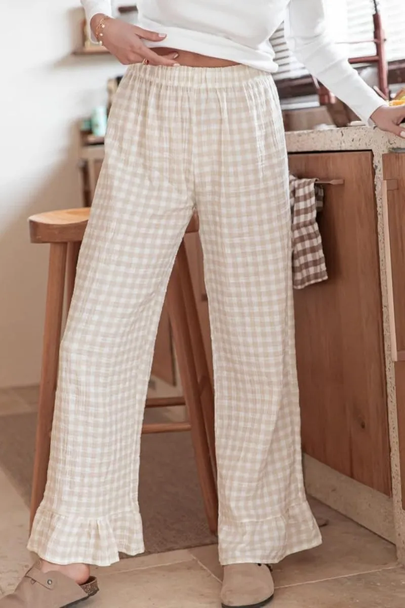 Chouyatou Womens Gingham Pants Wide Leg Lounge Pants Y2k Plaid Print Ruffle Hem Loose Trouser