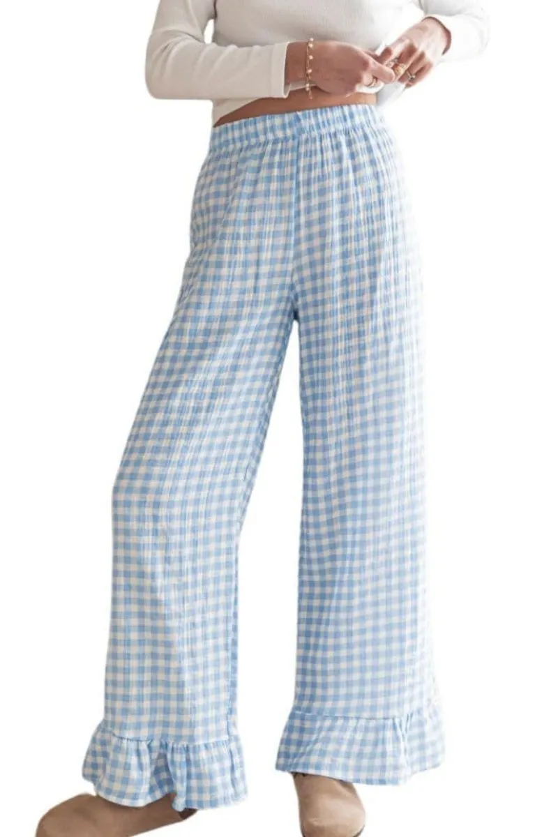 Chouyatou Womens Gingham Pants Wide Leg Lounge Pants Y2k Plaid Print Ruffle Hem Loose Trouser