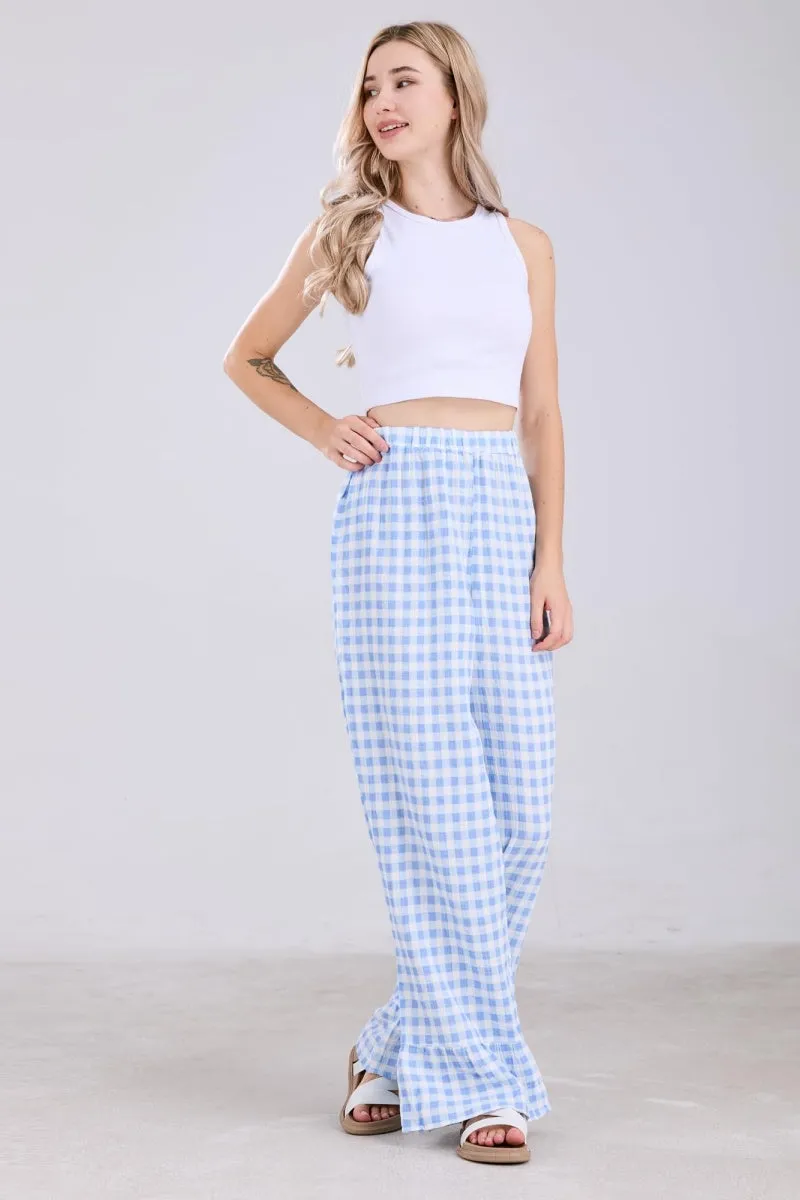 Chouyatou Womens Gingham Pants Wide Leg Lounge Pants Y2k Plaid Print Ruffle Hem Loose Trouser