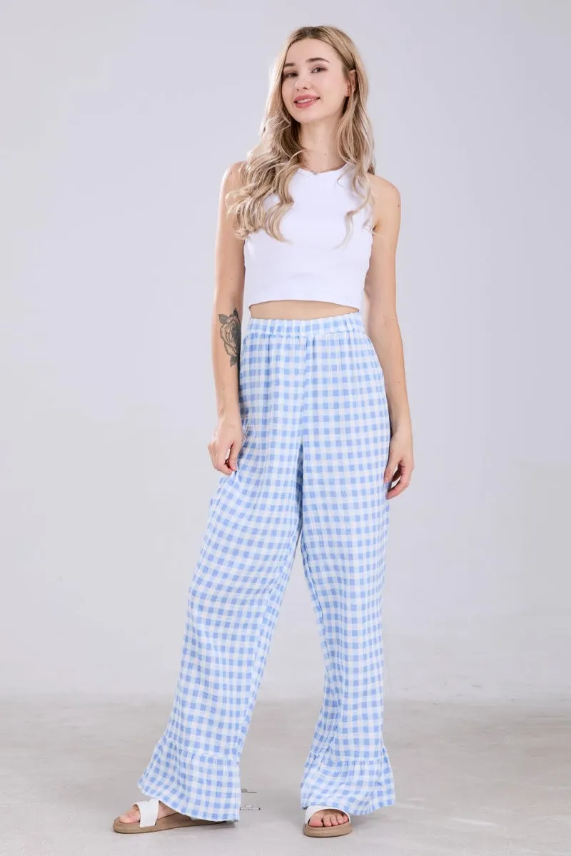 Chouyatou Womens Gingham Pants Wide Leg Lounge Pants Y2k Plaid Print Ruffle Hem Loose Trouser