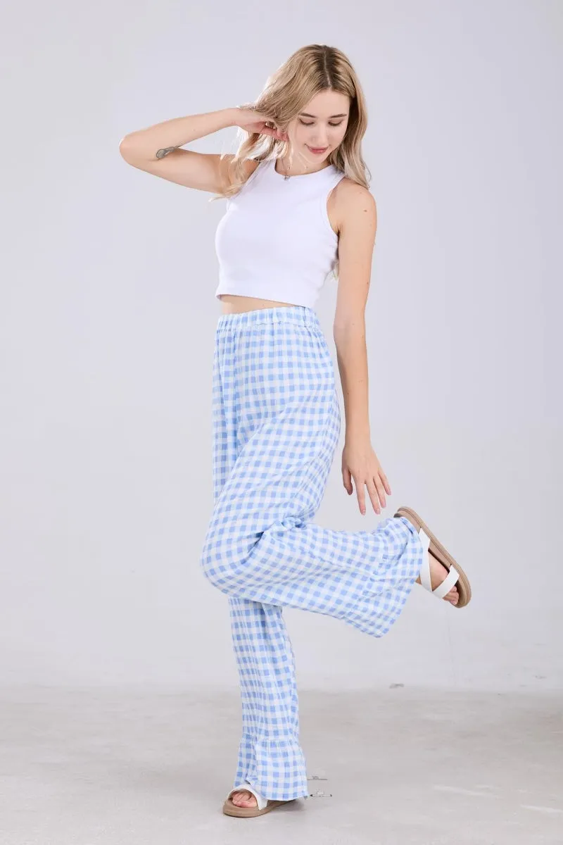 Chouyatou Womens Gingham Pants Wide Leg Lounge Pants Y2k Plaid Print Ruffle Hem Loose Trouser