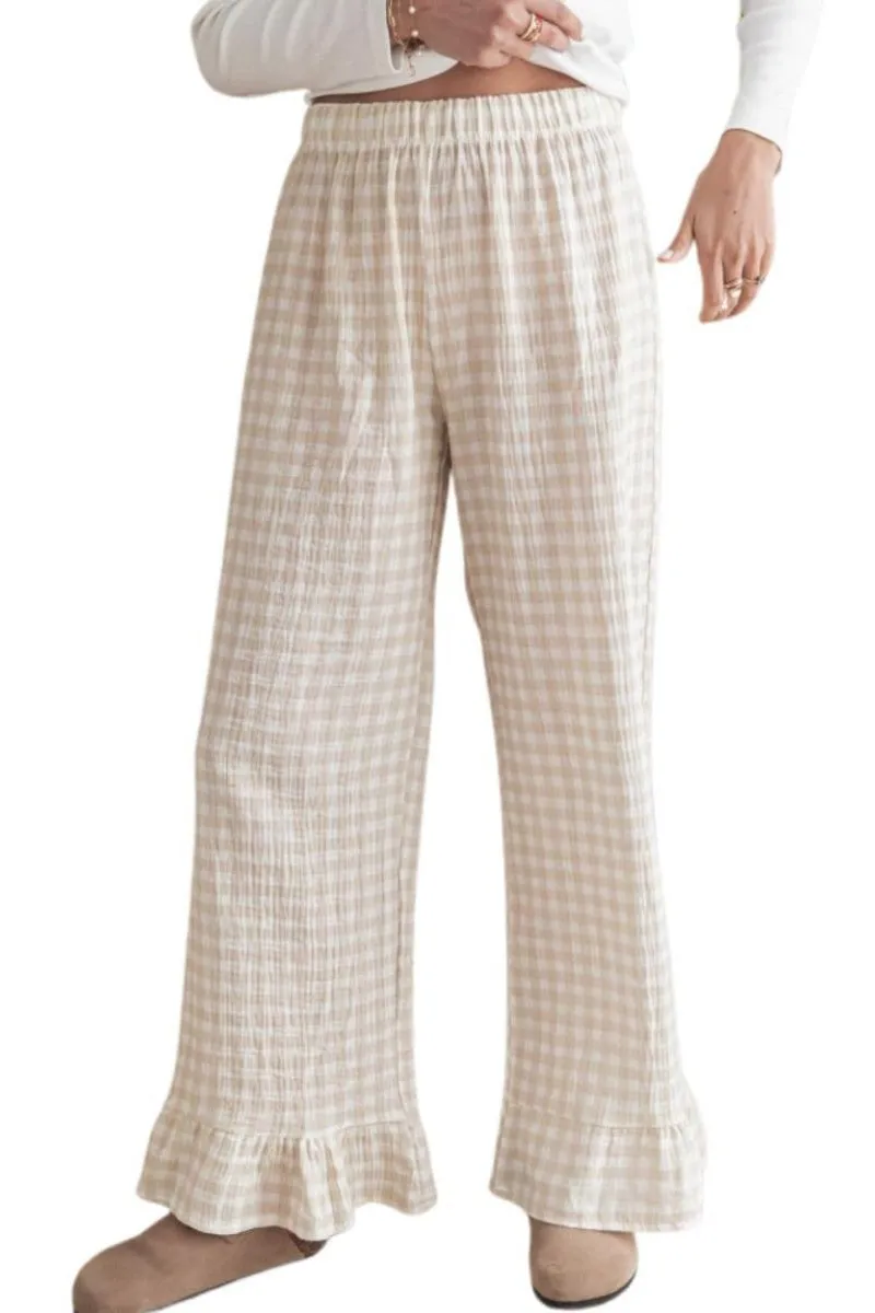 Chouyatou Womens Gingham Pants Wide Leg Lounge Pants Y2k Plaid Print Ruffle Hem Loose Trouser