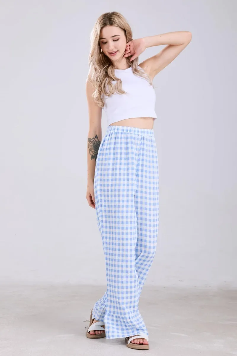 Chouyatou Womens Gingham Pants Wide Leg Lounge Pants Y2k Plaid Print Ruffle Hem Loose Trouser