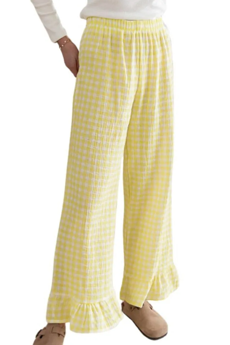 Chouyatou Womens Gingham Pants Wide Leg Lounge Pants Y2k Plaid Print Ruffle Hem Loose Trouser