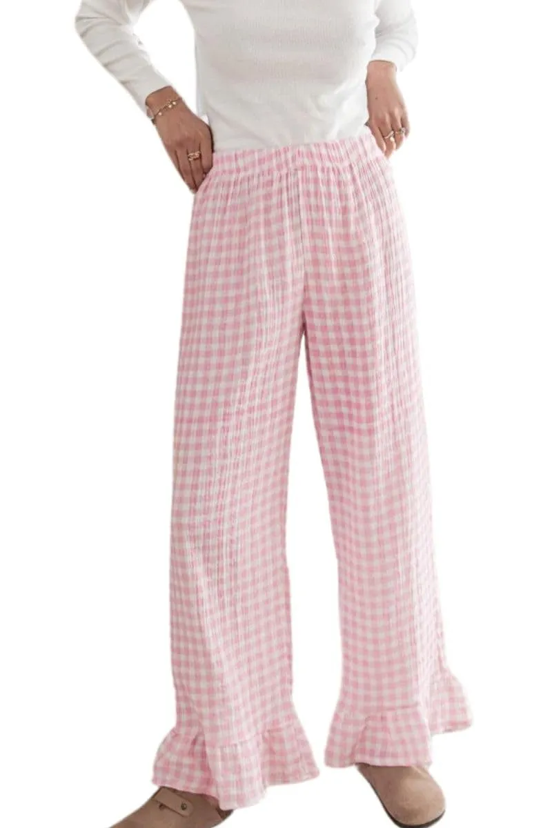 Chouyatou Womens Gingham Pants Wide Leg Lounge Pants Y2k Plaid Print Ruffle Hem Loose Trouser