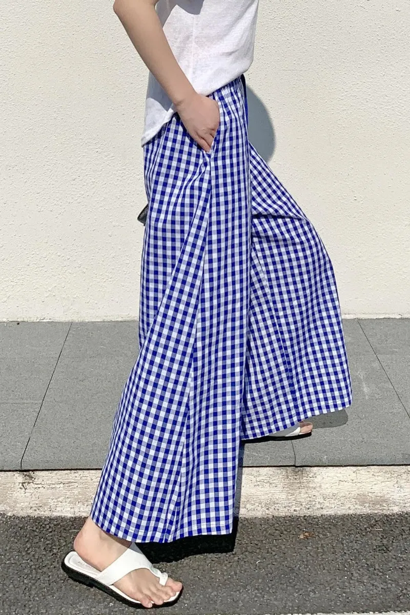 Chouyatou Women's Plaid Wide Leg Culotte Pants Gingham High Elastic Waisted Cropped Palazzo Pants with Pockets