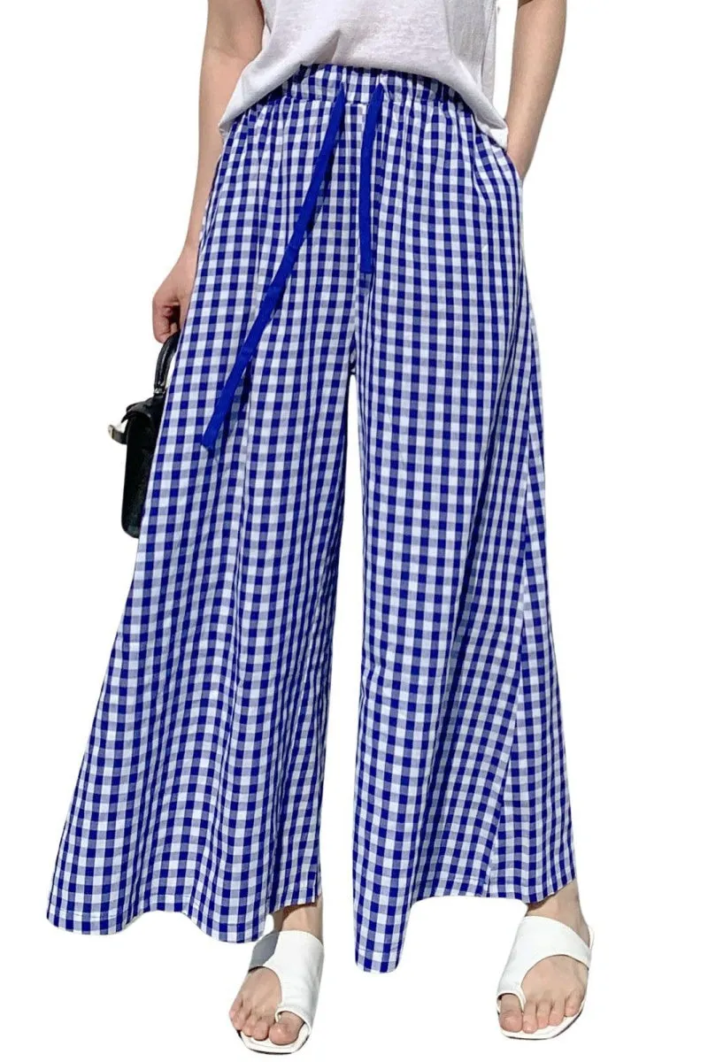 Chouyatou Women's Plaid Wide Leg Culotte Pants Gingham High Elastic Waisted Cropped Palazzo Pants with Pockets