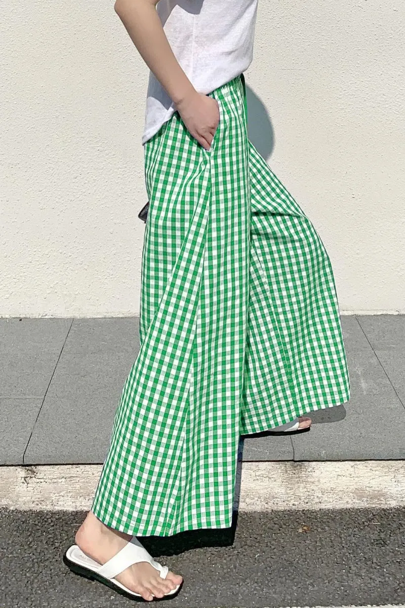 Chouyatou Women's Plaid Wide Leg Culotte Pants Gingham High Elastic Waisted Cropped Palazzo Pants with Pockets