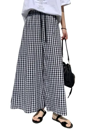 Chouyatou Women's Plaid Wide Leg Culotte Pants Gingham High Elastic Waisted Cropped Palazzo Pants with Pockets