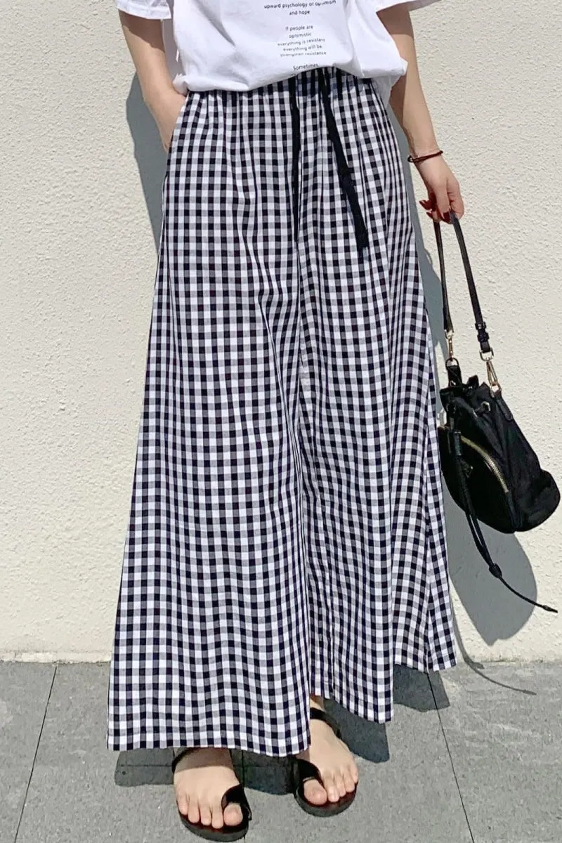 Chouyatou Women's Plaid Wide Leg Culotte Pants Gingham High Elastic Waisted Cropped Palazzo Pants with Pockets